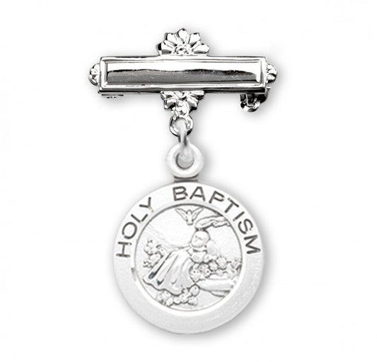 Extel Sterling Silver Baby Holy Baptism Round Medal on a Bar Pin, Catholic Baptism Gift, Made in USA