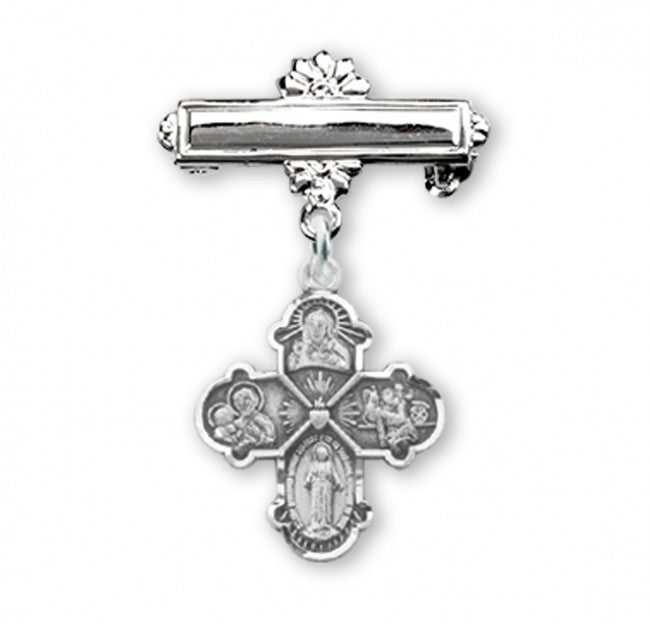 Extel Sterling Silver Baby Four-Way Medal on a Bar Pin, Catholic Baptism Gift, Made in USA