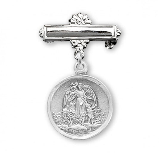 Extel Sterling Silver Baby Guardian Angel Medal on a Bar Pin, Catholic Baptism Gift, Made in USA