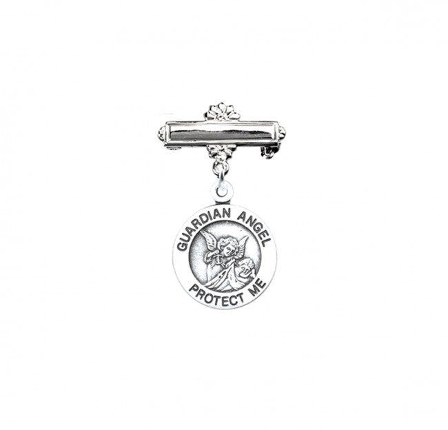 Extel Guardian Angel Round Sterling Silver Medal on a Bar Pin, Catholic Baptism Gift, Made in USA