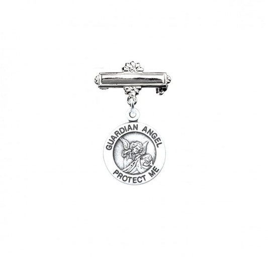 Extel Guardian Angel Round Sterling Silver Medal on a Bar Pin, Catholic Baptism Gift, Made in USA