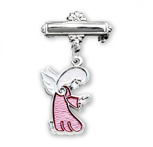 Extel Guardian Angel Pink Enameled Sterling Silver Medal on a Bar Pin, Catholic Baptism Gift for Girl, Made in USA