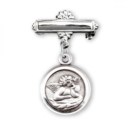 Extel Sterling Silver Guardian Angel Baby Medal on a Bar Pin, Catholic Baptism Gift, Made in USA