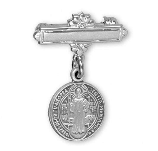 Extel Sterling Silver Saint Benedict Medal on a Bar Pin, Catholic Baptism Gift, Made in USA