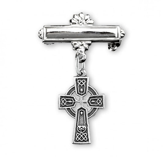 Extel Sterling Silver Baby Irish Celtic Cross on a Bar Pin, Catholic Baptism Gift, Made in USA