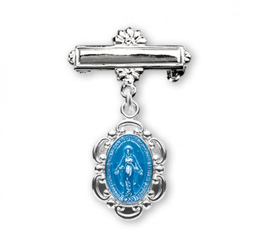 Extel Sterling Silver Fancy Edge Miraculous Medal on a Bar Pin, Catholic Baptism Gift, Made in USA
