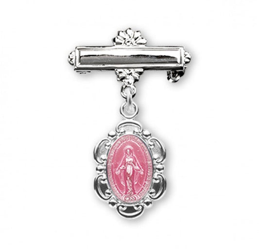Extel Pink Enameled Sterling Silver Oval Fancy Edge Miraculous Baby Medal on a Bar Pin, Catholic Baptism Gift for Girl, Made in USA