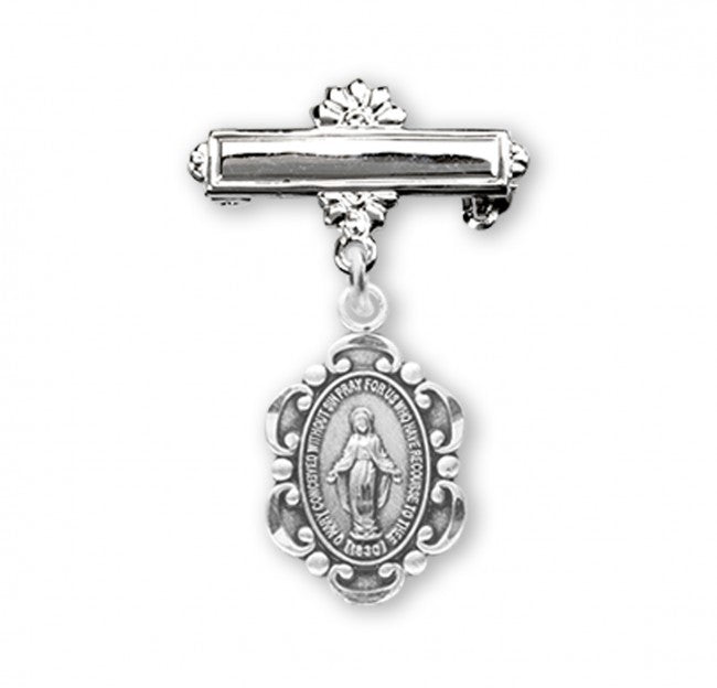 Extel Sterling Silver Oval Scalloped Edge Miraculous Baby Medal on a Bar Pin, Catholic Baptism Gift, Made in USA