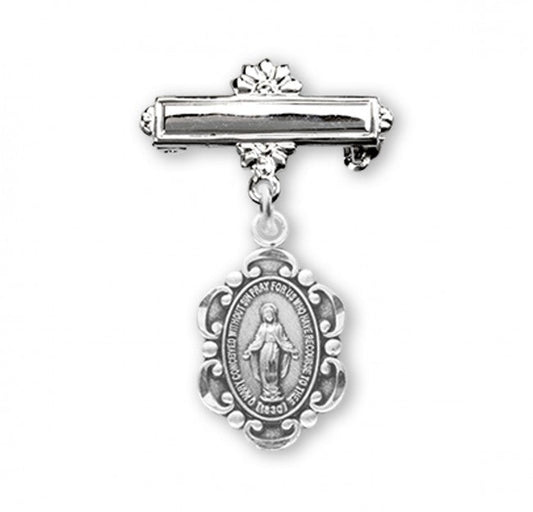 Extel Sterling Silver Oval Scalloped Edge Miraculous Baby Medal on a Bar Pin, Catholic Baptism Gift, Made in USA