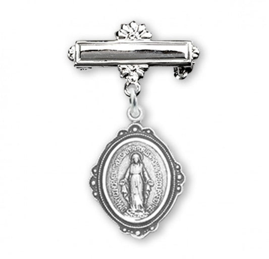 Extel Sterling Silver Baby Miraculous Baby Medal on a Bar Pin, Catholic Baptism Gift, Made in USA
