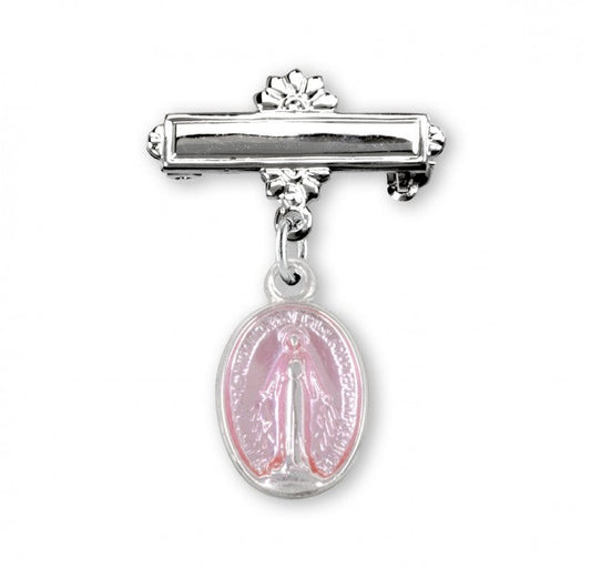 Extel Pink Enameled Oval Sterling Silver Baby Miraculous Baby Medal on a Bar Pin, Catholic Baptism Gift for Girl, Made in USA