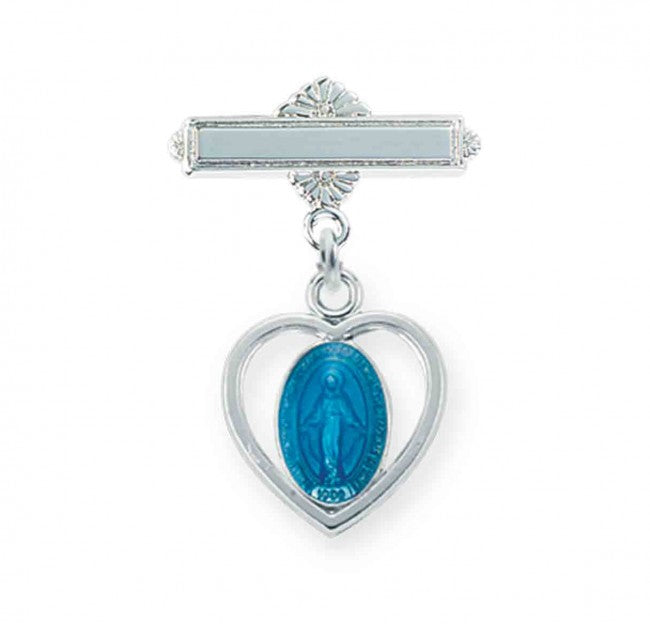Extel Sterling Silver Pierced Heart Baby Miraculous Medal Blue on a Bar Pin, Catholic Baptism Gift for Boy, Made in USA