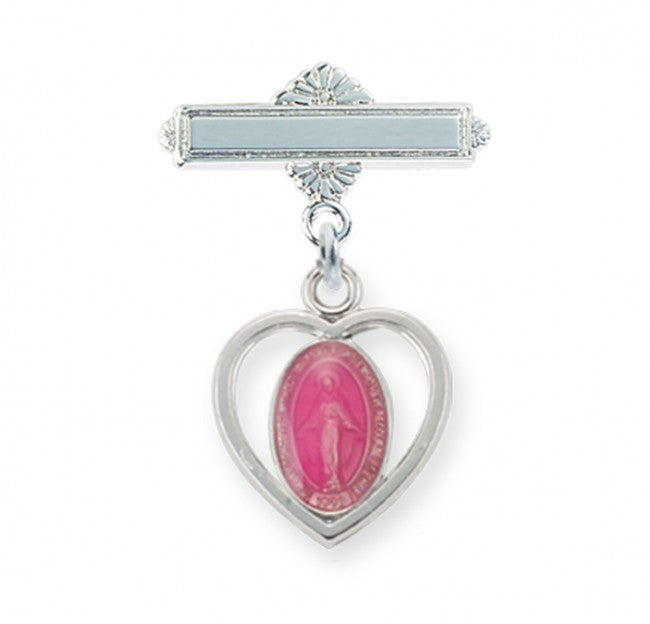 Extel Sterling Silver Pierced Heart Baby Miraculous Medal Pink on a Bar Pin, Catholic Baptism Gift for Girl, Made in USA