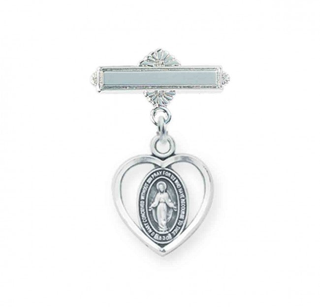 Extel Sterling Silver Pierced Heart Baby Miraculous Medal on a Bar Pin, Catholic Baptism Gift, Made in USA