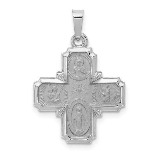 Extel Medium 14k White Gold Polished and Satin Catholic Four Way Medal Pendant Charm, Made in USA