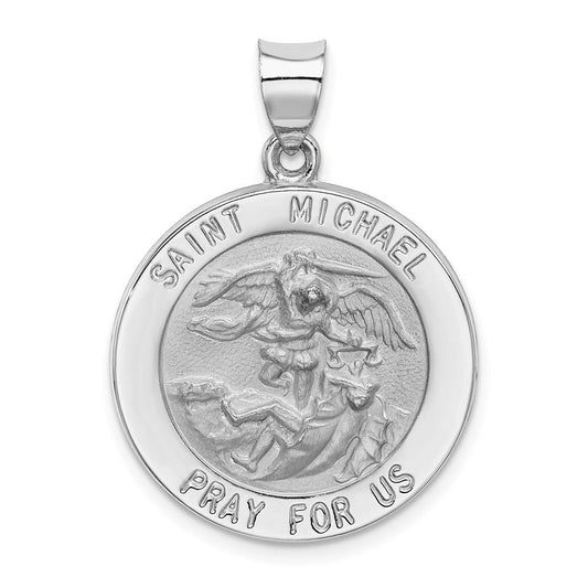 Extel Large 14k White Gold Polished and Satin Patron Saint Michael Medal Pendant Charm, Made in USA