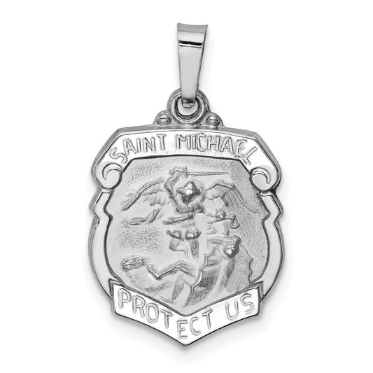 Extel Medium 14k White Gold Polished and Satin Patron Saint Michael Medal Pendant Charm, Made in USA