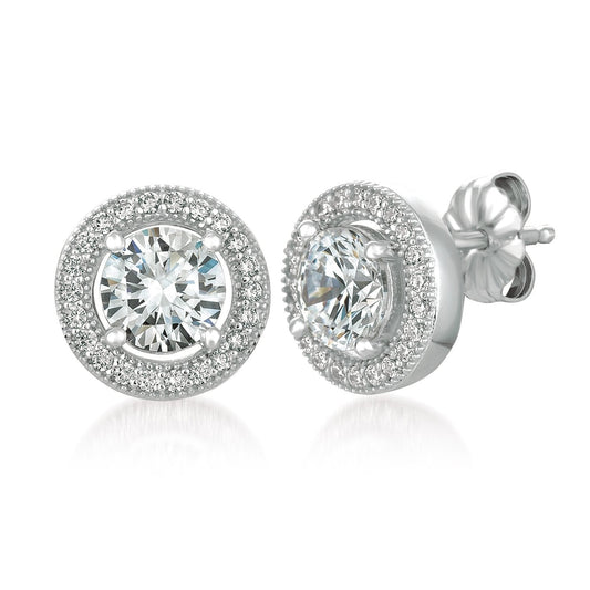 Crislu Brilliant Cut Stud Earrings with Halo Finished in Pure Platinum
