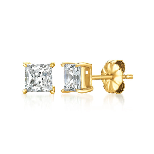 Crislu Solitaire Princess Stud Earrings Finished in 18kt Yellow Gold - 1.50 Cttw