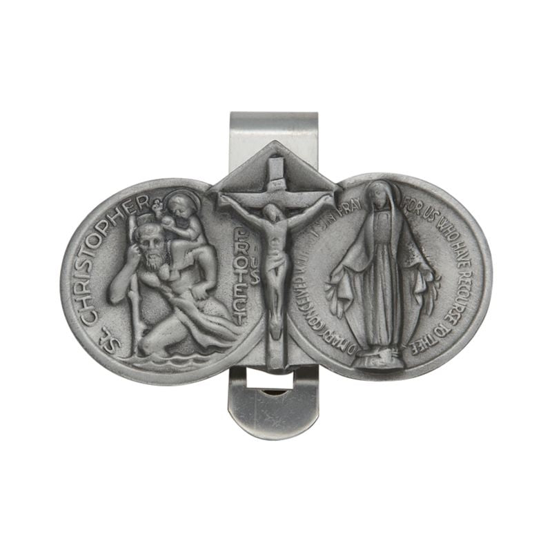 Extel Pewter Crucifix with St. Christopher and Miraculous Mary Sun Visor Clip for Men Women Car Truck