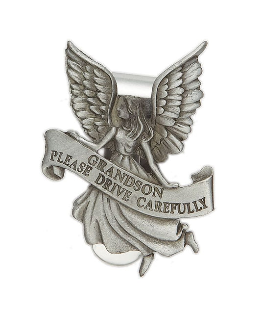 Extel Pewter Grandson "Please Drive Carefully" Angel Sun Visor Clip for Grandson Car Truck