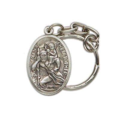 Extel Pewter Oval St. Christopher, Patron Saint of Travelers Key Chain