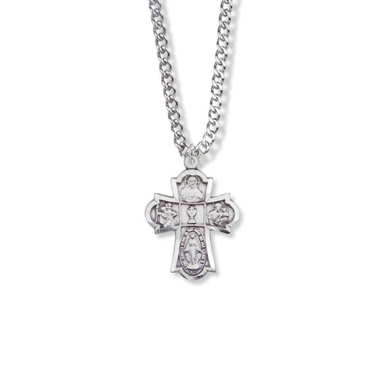 Extel Large Sterling Silver First Communion Four Way Medal Pendant for Boy Girl with 18" chain
