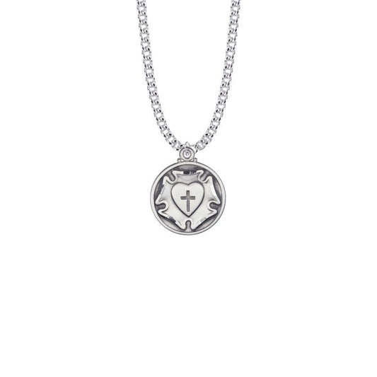 Extel Medium Round Sterling Silver Diamond Engraved Lutheran Rose Medal Pendant for Women with 20" chain