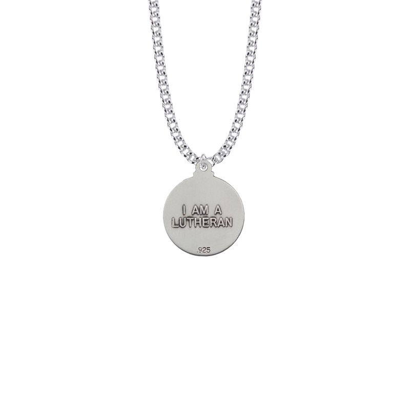 Extel Medium Round Sterling Silver Diamond Engraved Lutheran Rose Medal Pendant with 20 Inch Chain