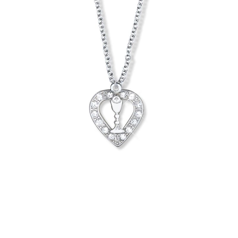 Extel Medium Silver Plated and Crystal Glass Stones Open Heart Pendant with Chalice for Girl with 16" chain