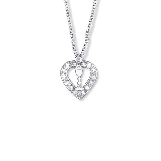 Extel Medium Silver Plated and Crystal Glass Stones Open Heart Pendant with Chalice for Girl with 16" chain
