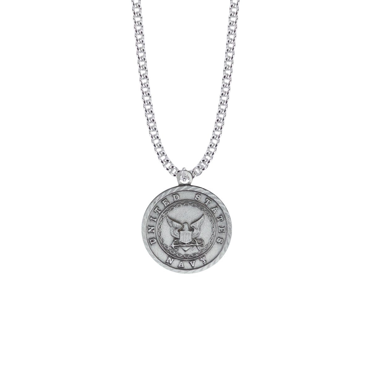 Extel Large Round Pewter U.S. Navy Medal Pendant with St. Michael on Back for Men with 24" chain