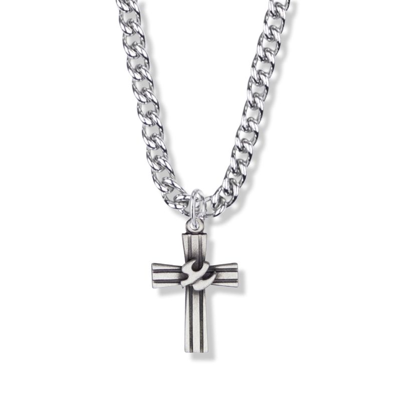 Extel Medium Pewter Lined and Dove Boy Confirmation Cross Pendant with 24" chain
