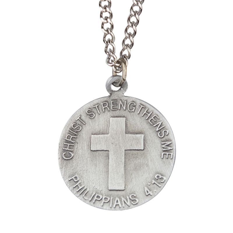 Extel Large Round Pewter U.S. Air Force Medal Pendant with Cross and Philippians 4:13 on the Back for Men Women with 24" chain