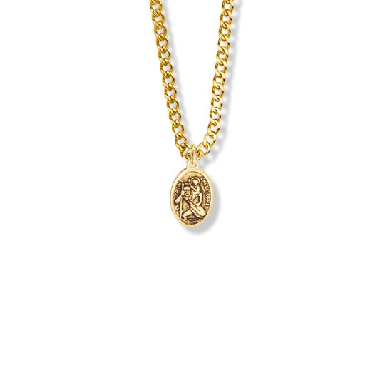 Extel Medium Pewter Gold Plated Oval St. Christopher Medal Pendant, Patron Saint of Travelers for Boy with 18" chain