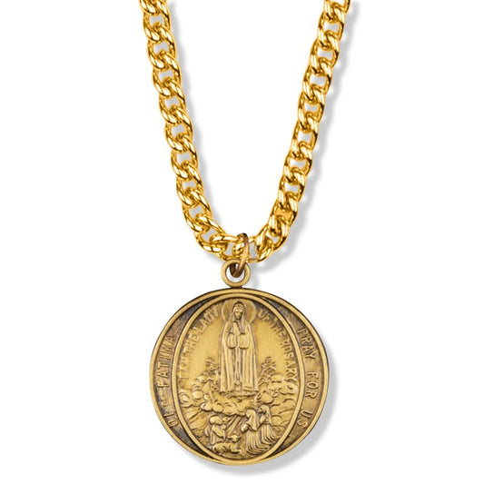 Extel Large Round Pewter Gold Plated Our Lady of Fatima Medal Pendant for Men Women with 24" chain