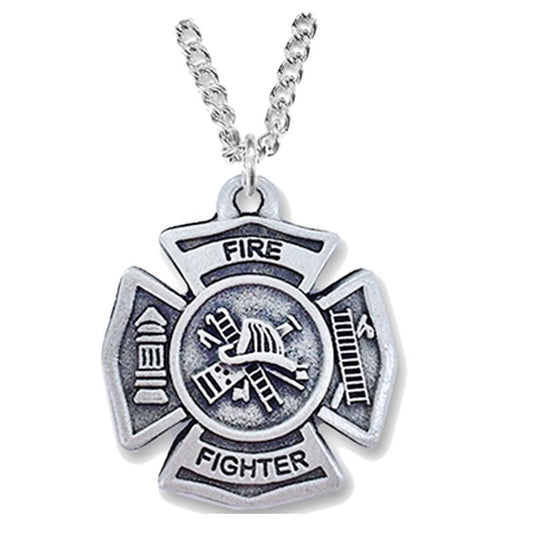 Extel Large Pewter Fire Department Maltese Shield Medal Pendant with Cross on Back for Men Women with 18" chain
