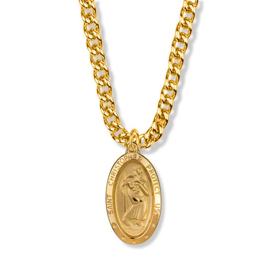 Extel Large 14KT Gold Plated Over Sterling Silver Oval St. Christopher Medal Pendant, Patron Saint of Travelers for Men with 24" chain