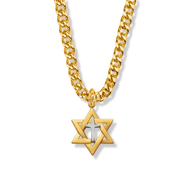 Extel Medium 18KT Gold Plated Over Sterling Silver Two-Tone Star of David with Cross Pendant for Men with 24" chain