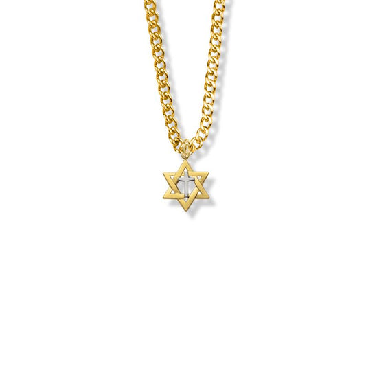 Extel Medium 14KT Gold Plated  Over Sterling Silver Two-Tone Star of David with Cross Pendant for Women with 18" chain