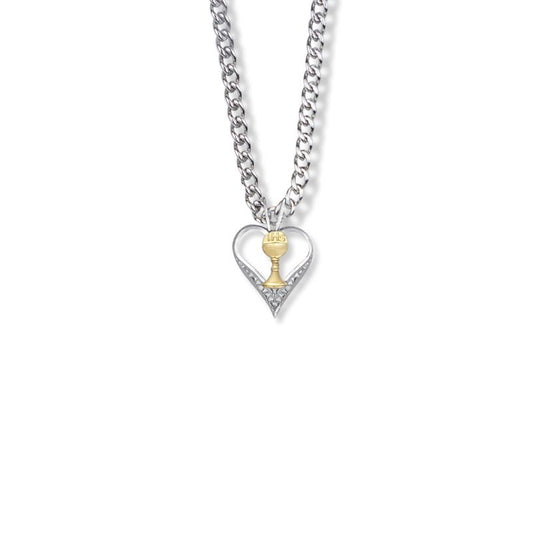 Extel Medium Two-Tone Sterling Silver Open Heart and Chalice Pendant for Girl with 18" chain