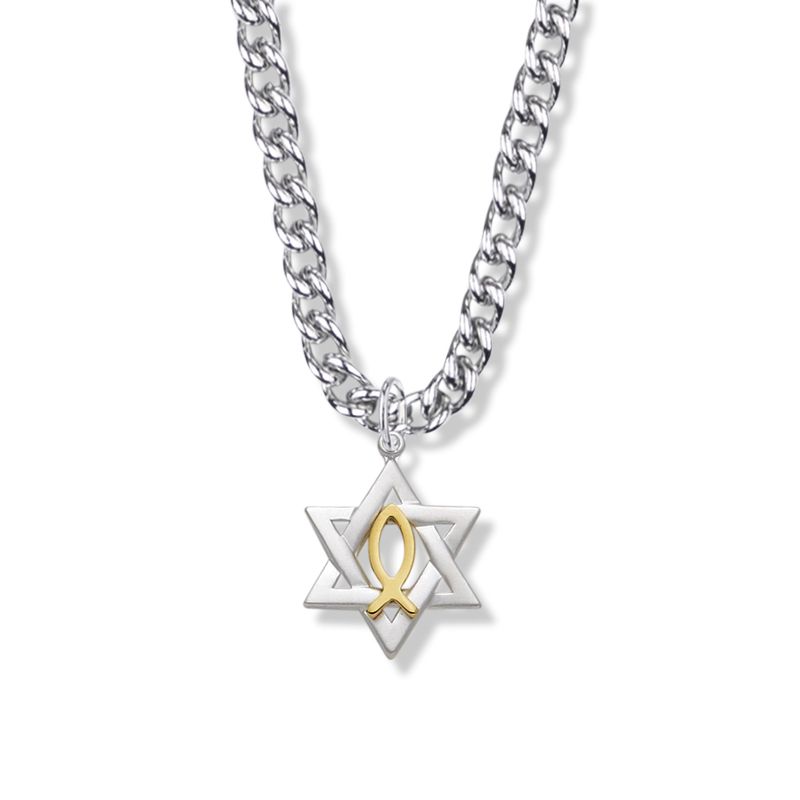 Extel Large Sterling Silver Two-Tone Star of David with Fish Symbol Pendant for Men Women with 24" chain