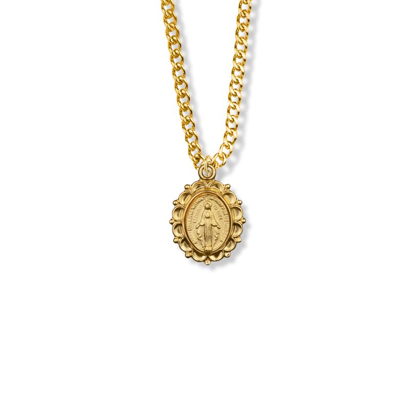 Extel Medium 18KT Gold Plated Over Sterling Silver Decorative Border Oval Miraculous Medal Pendant for Women with 18" chain