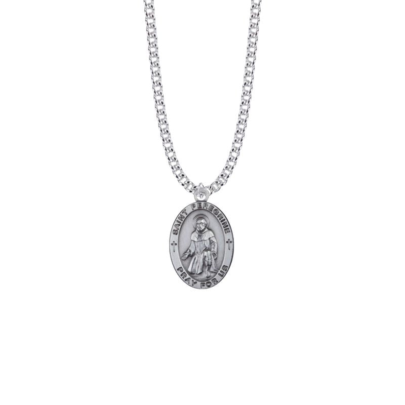 Extel Large Sterling Silver Oval St. Peregrine Medal Pendant, Patron Saint of Cancer for Men with 24" chain