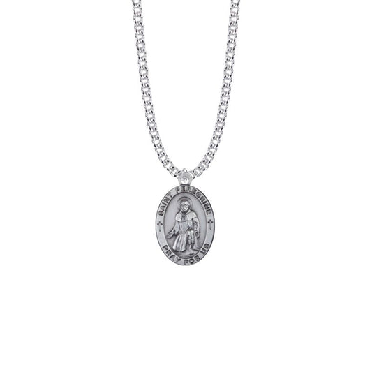 Extel Large Sterling Silver Oval St. Peregrine Medal Pendant, Patron Saint of Cancer for Men with 24" chain