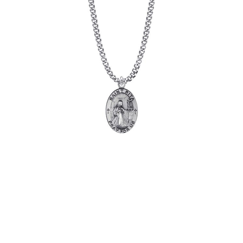 Extel Medium Sterling Silver Oval St. Rita Medal Pendant, Patron Saint of Impossible Causes for Women with 18" chain