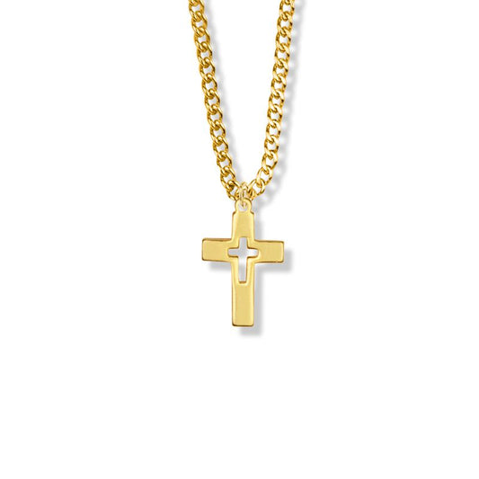 Extel Medium Brass Gold Plated Boy First Communion Pierced Cross Pendant with 18" chain