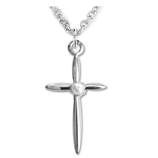Extel Large Silver Plated and White Synthetic Centered Pearl Cross Pendant for Girl with 18" chain
