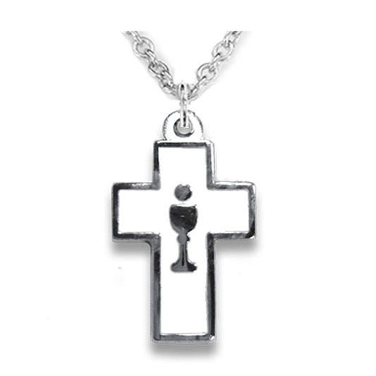 Extel Medium Silver Plated Enameled Cross and Centered Chalice Pendant for Girl with 18" chain