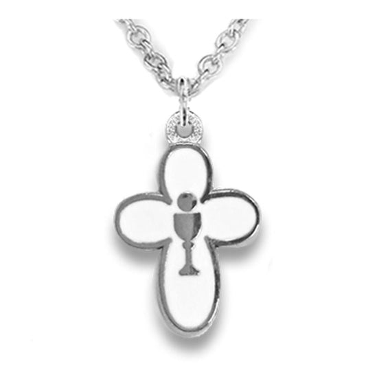 Extel Medium Silver Plated Round Enameled Cross and Centered Chalice Pendant for Girl with 18" chain